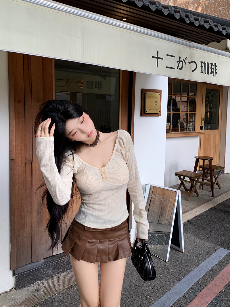 Real shot of mutton leg sleeve pure lust sexy hot girl square collar temperament slim printed knitted long-sleeved T-shirt