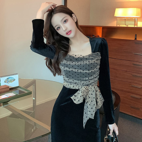 Socialite black velvet dress women's autumn and winter new square neck mesh polka dot bow waist-covering hip long skirt