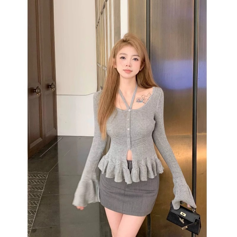 秋冬時尚新款荷葉邊掛脖T恤女裝秋季新款辣妹修身短款長袖打底衫