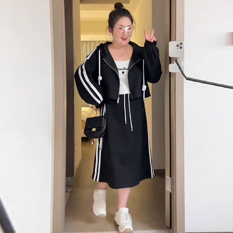 Spring and autumn plus size women's clothing for fat mm belly-covering fashionable age-reducing suit women's high-waist slimming two-piece set 200 pounds 300