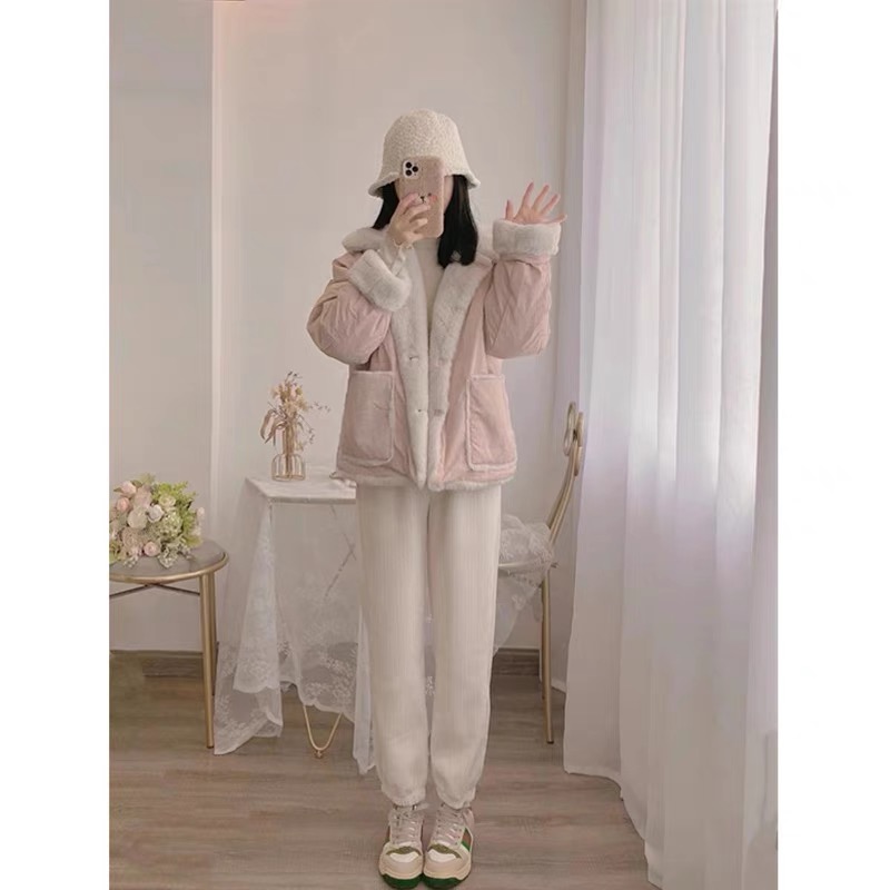 2023 Autumn and Winter Reversible Jacket Women's Velvet Thickened Suit Autumn and Winter Big Pocket Soft Breast Style Pink Cotton Clothes