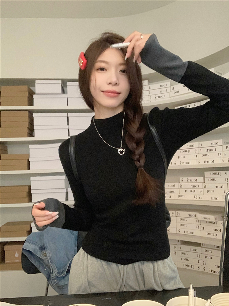 Actual shot~Contrast color long-sleeved sweater for women, slim-fitting and versatile bottoming shirt top