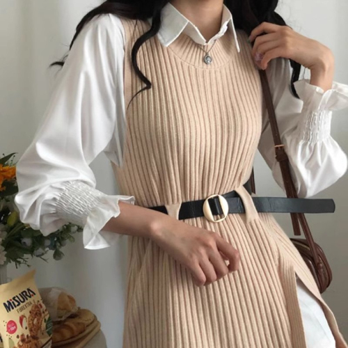 Korean chic versatile lapel mid-length shirt skirt + lace-up waist irregular knitted vest two-piece set for women