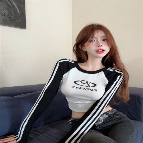 American retro bottoming shirt long-sleeved T-shirt for women autumn  new style printed slim stretch contrasting color short top