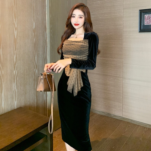 Socialite black velvet dress women's autumn and winter new square neck mesh polka dot bow waist-covering hip long skirt