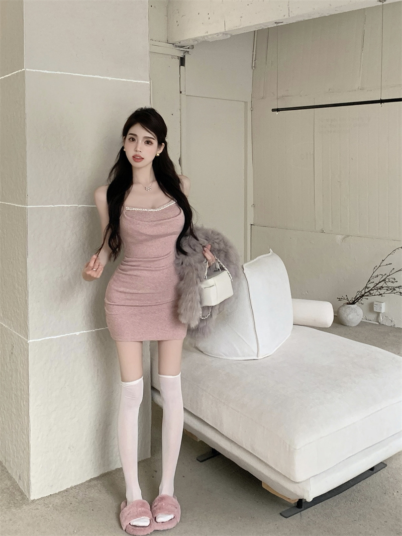 Actual shot of pure lust style cashmere pearl suspender skirt winter waist slimming dress