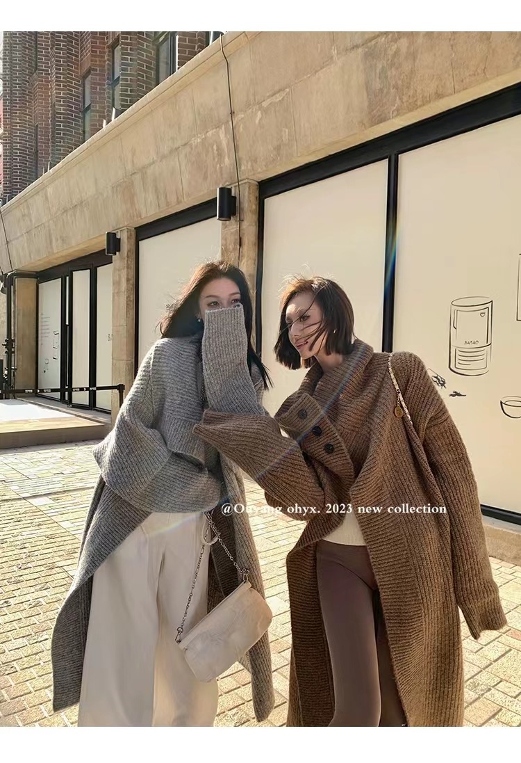 Ouyang large lapel long cardigan coat for women autumn and winter new style lazy style sweater loose retro sweater