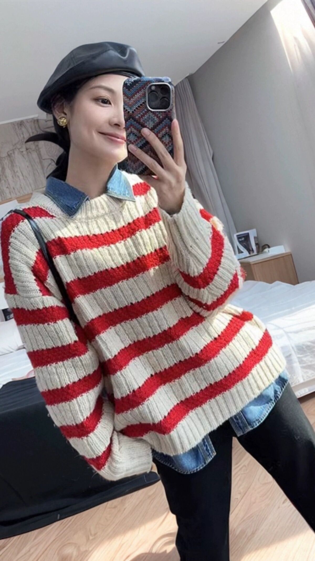 慵懶風套頭毛衣女秋冬加厚高級感復古寬鬆圓領條紋針織衫長袖上衣