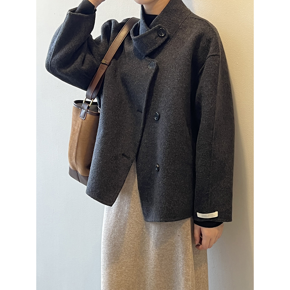 Actual shot ~ Winter Korean style wool double-sided woolen coat, short, feminine, stand-up collar, loose woolen coat