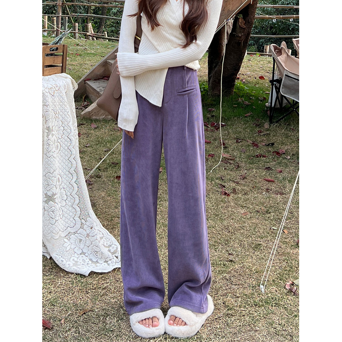 Purple velvet thickened chenille wide-leg pants for women autumn and winter high-waist drape casual loose straight straight floor-length pants