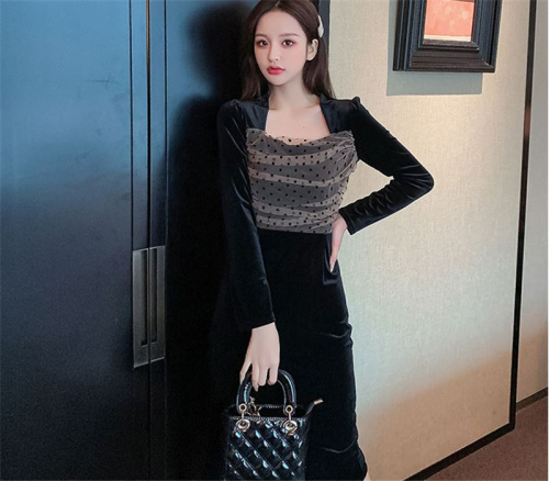 Socialite black velvet dress women's autumn and winter new square neck mesh polka dot bow waist-covering hip long skirt