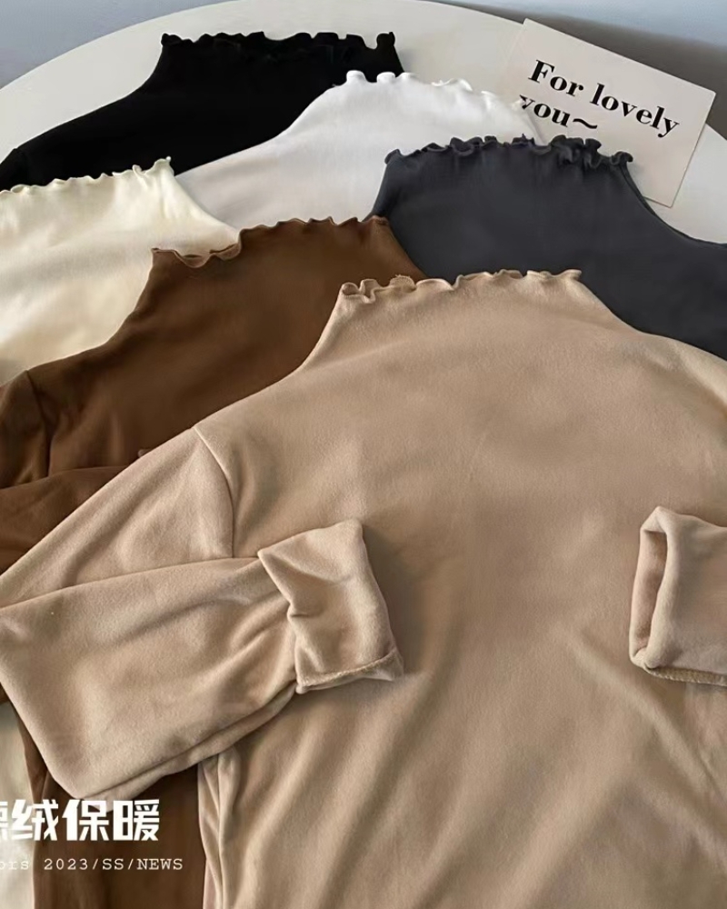 Semi-turtle collar thermal top, German velvet autumn and winter thickened self-heating bottoming shirt with brushed long-sleeved T-shirt for women