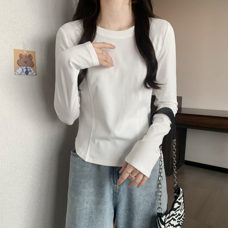 Real shot of large size autumn and winter new slimming hot girl design long-sleeved T-shirt for women to slim down