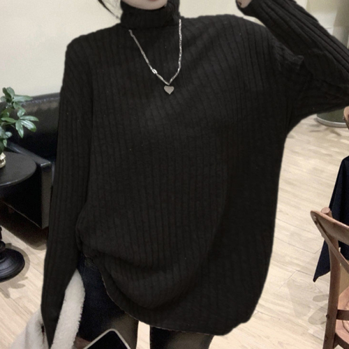 Lazy style sweater for women autumn and winter  new style brushed pile collar knitted bottoming shirt loose long-sleeved top