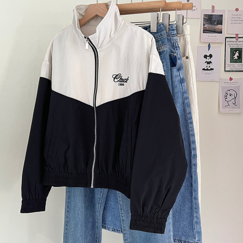 Actual shot of contrasting color stitching embroidered windproof jacket for women with design sense baseball uniform short jacket for women Korean style top