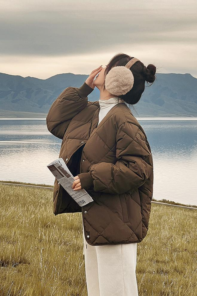 2023 Spring and Autumn New Down Jacket Women's Short Lightweight Collarless Japanese Diamond Plaid Cotton Jacket Casual Trendy Jacket