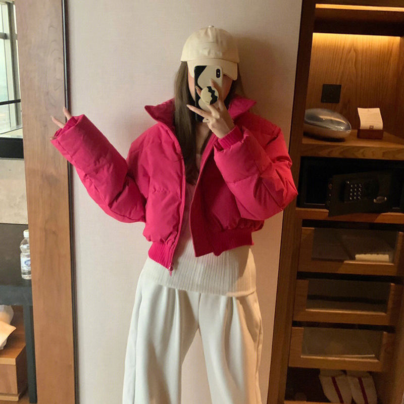 Rose red short down jacket for women, winter Hong Kong style new design, niche temperament, fashionable bread jacket