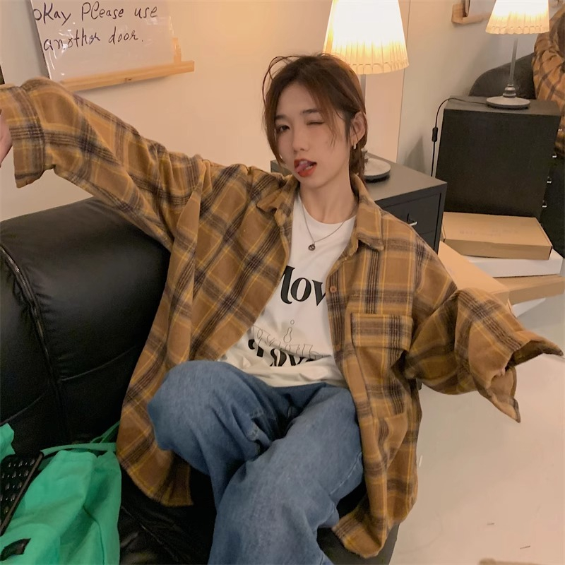 加厚毛呢格子襯衫女復古港風磨毛上衣設計感小眾寬鬆長袖襯衣外套
