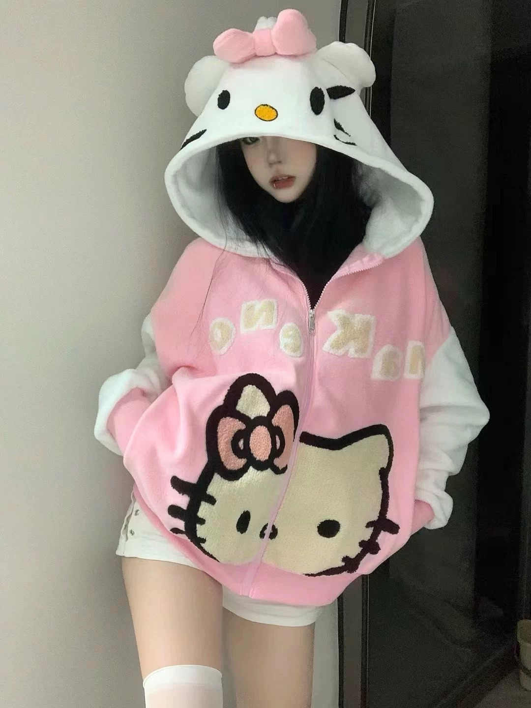 可愛凱蒂貓搖粒絨連帽衛衣拉鏈外套女情侶搞怪秋冬絨衫