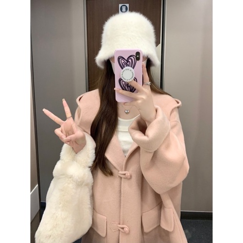 Autumn and winter age-reducing girl's peach pink hooded woolen coat