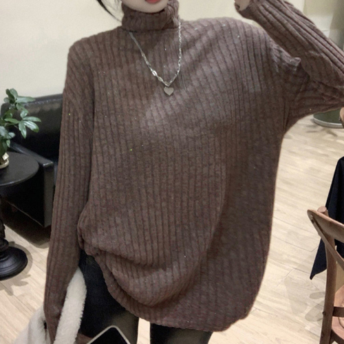 Lazy style sweater for women autumn and winter  new style brushed pile collar knitted bottoming shirt loose long-sleeved top