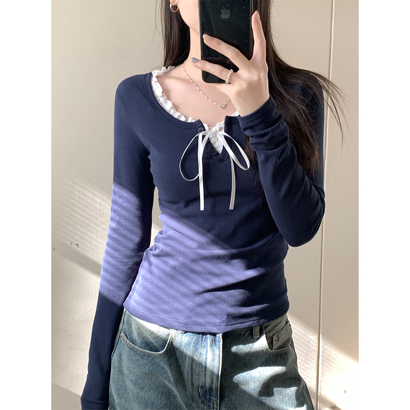 實拍甜辣風花邊拼接長袖T恤秋冬純欲風修身內搭打底加絨加厚上衣