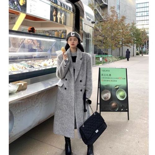 High-end gray thickened Korean wool coat for women autumn and winter mid-length woolen Hepburn style woolen coat