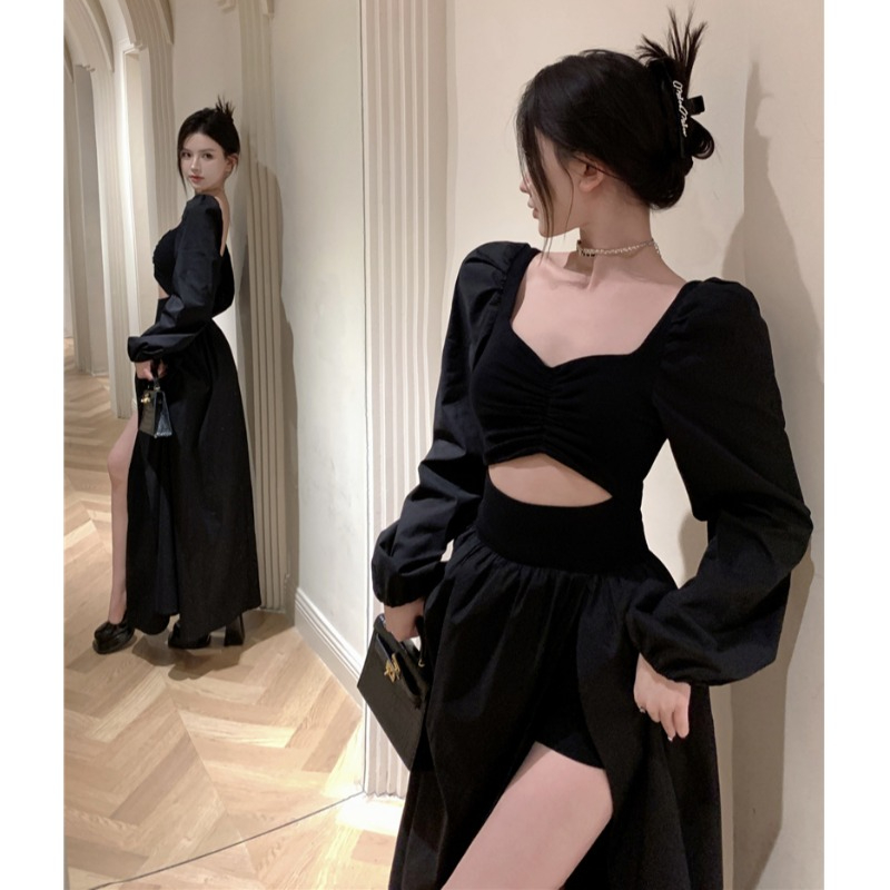 御姐氣質小黑裙高級感方領開叉露腰小眾連衣裙長袖法式長裙女秋季