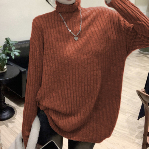 Lazy style sweater for women autumn and winter  new style brushed pile collar knitted bottoming shirt loose long-sleeved top