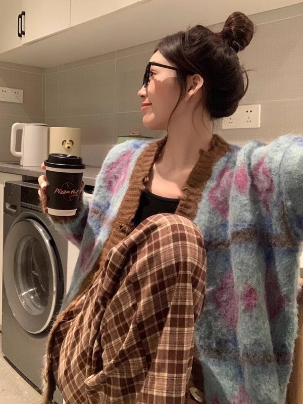 美式復古毛衣女秋冬v領寬鬆針織開衫外套oversize小眾設計感上衣