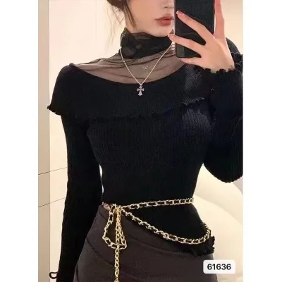 秋冬純欲性感網紗拼接荷葉邊不規則長袖上衣女春秋修身針織上衣