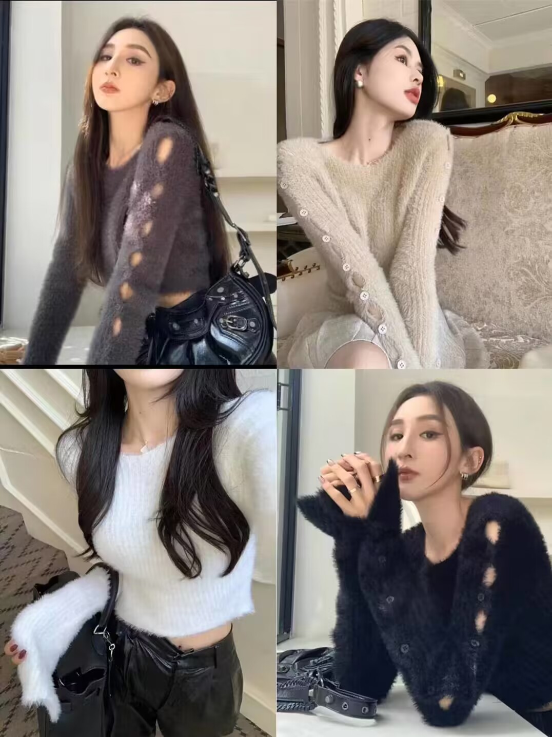 Design sense hollow plush black long-sleeved sweater women's spring and autumn slim-fitting short navel-baring chic top