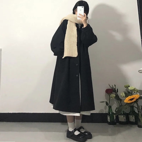 Black woolen coat for women, mid-length, preppy style, doll collar, small, loose woolen coat for women, autumn and winter