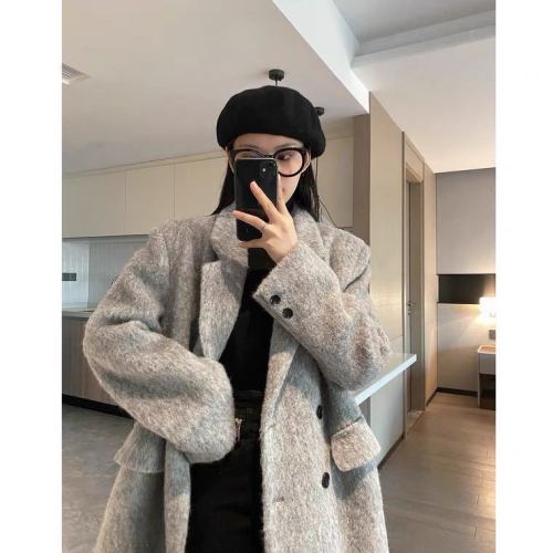 High-end gray thickened Korean wool coat for women autumn and winter mid-length woolen Hepburn style woolen coat