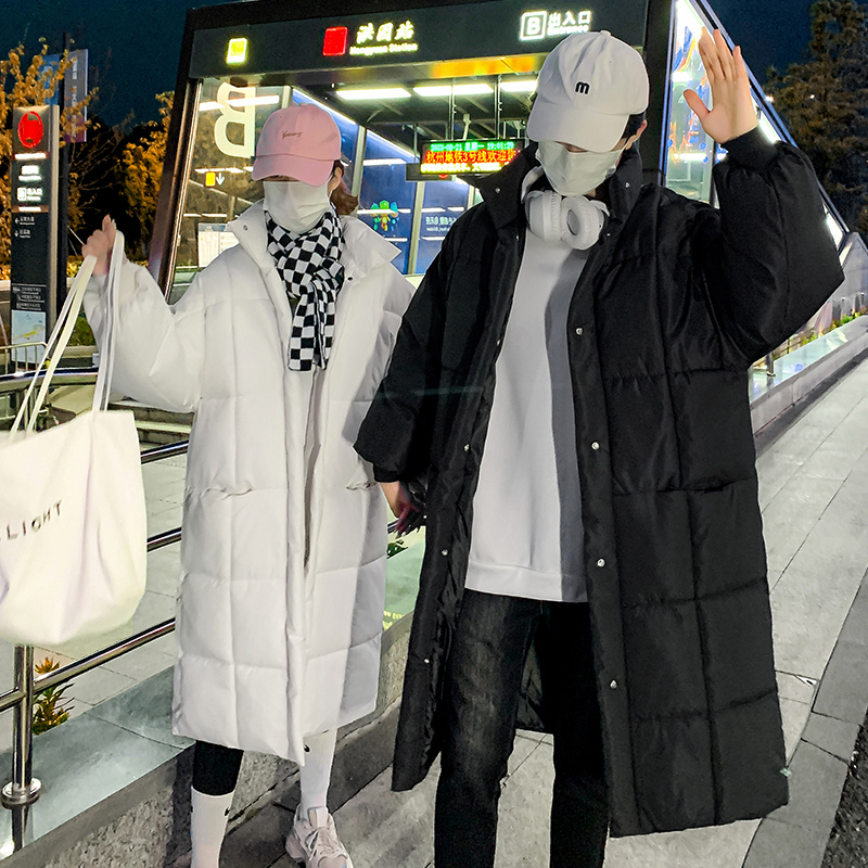 Real shot of couple's winter new cotton coat for women, mid-length loose student knee-high down padded jacket, trendy coat