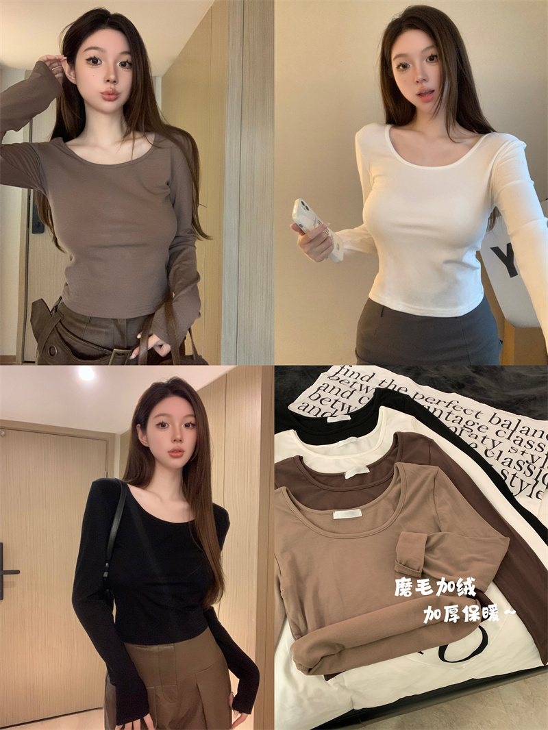 實拍 磨毛加厚顯胸修身性感緊身打底衫內搭方領長袖T恤上衣