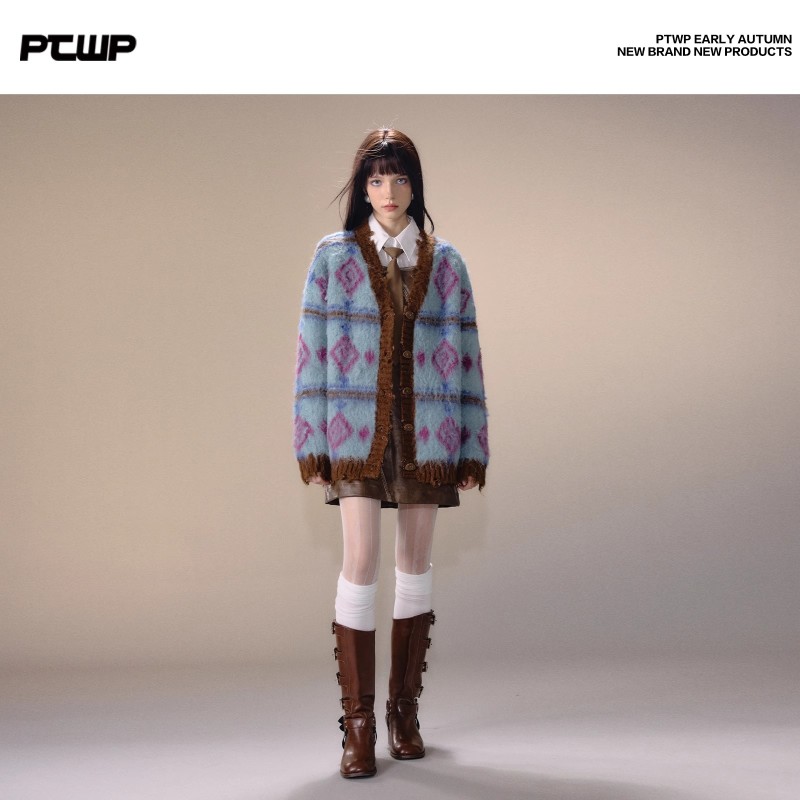 PTWP原PTWOP ONLINE 復古提花毛衣開衫外套女秋冬慵懶風v領針織衫