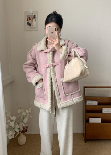 Wang Girl's Shop  New Autumn and Winter Coat Fur One-piece Lamb Plush Motorcycle Thickened Jacket Coat