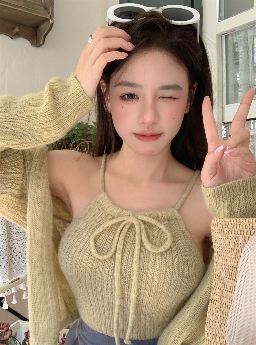 實拍~ 設計感綁帶掛脖短款吊帶背心+寬鬆顯瘦長袖針織開衫