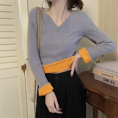 Actual shot of Korean style long-sleeved inner trench sweater sweater for women winter niche chic slim fit top