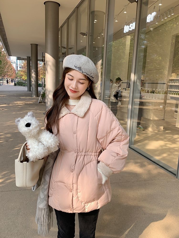White duck down down jacket for women with one hand and small stature, lamb wool splicing, thickening, slim waist, sweet winter coat