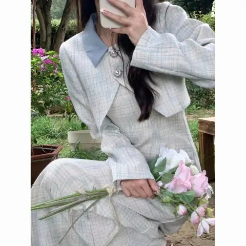 少女格子套裝連衣裙秋季小香風洋氣格紋吊帶裙配坎肩兩件套女