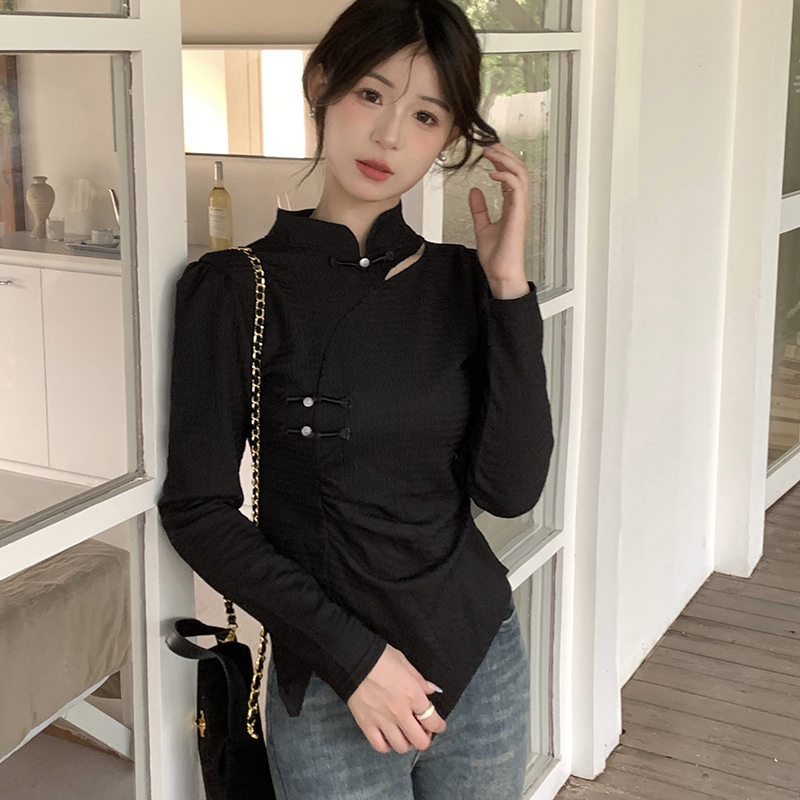 實拍高級感新中式氣質國風長袖T恤女春秋季復古顯瘦內搭上衣