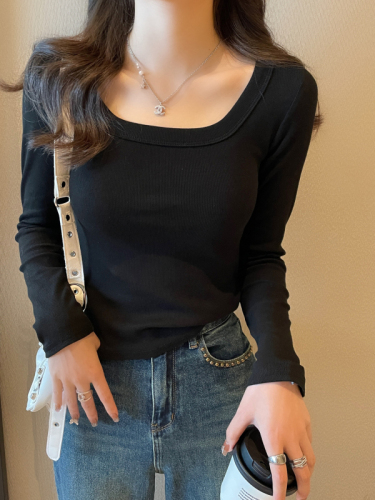 Solid color bottoming shirt for women,  new pure cotton long-sleeved T-shirt, slim-fitting, high-end, stylish square-neck top