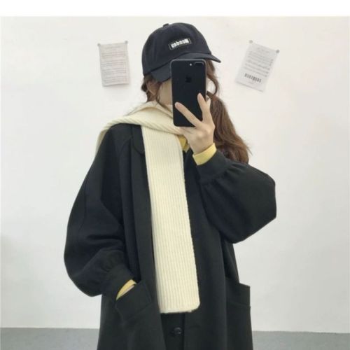 Black woolen coat for women, mid-length, preppy style, doll collar, small, loose woolen coat for women, autumn and winter