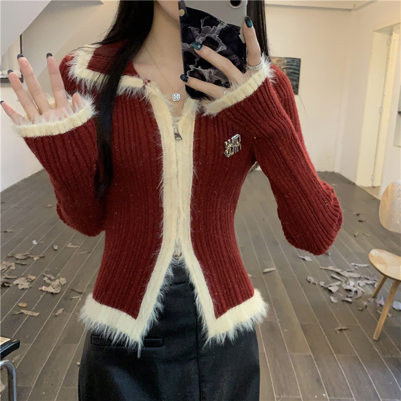 Real shot of autumn and winter new style temperament color-blocking splicing wool knitted cardigan double-ended zipper top