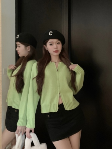 实拍 新款韩版经典圆领双拉链式休闲短款针织毛衣开衫
