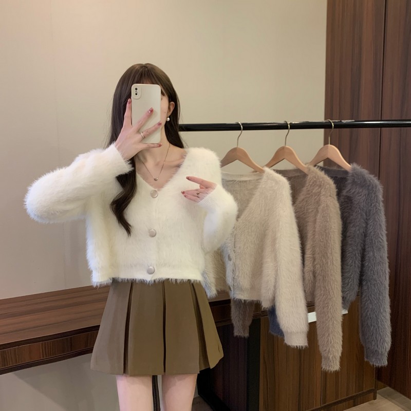 實拍 秋冬新款韓版仿水貂軟糯保暖V領寬鬆慵懶短款針織開衫