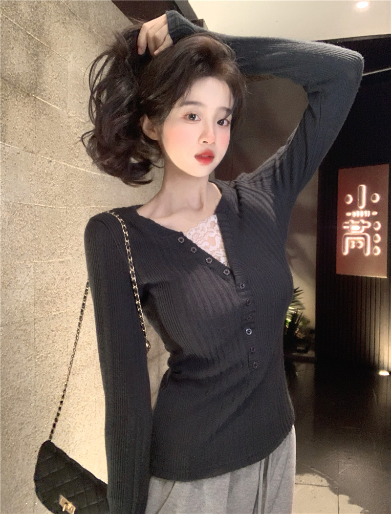 實拍~復古排扣蕾絲拼接假兩件針織V領長袖T恤百搭針織上衣