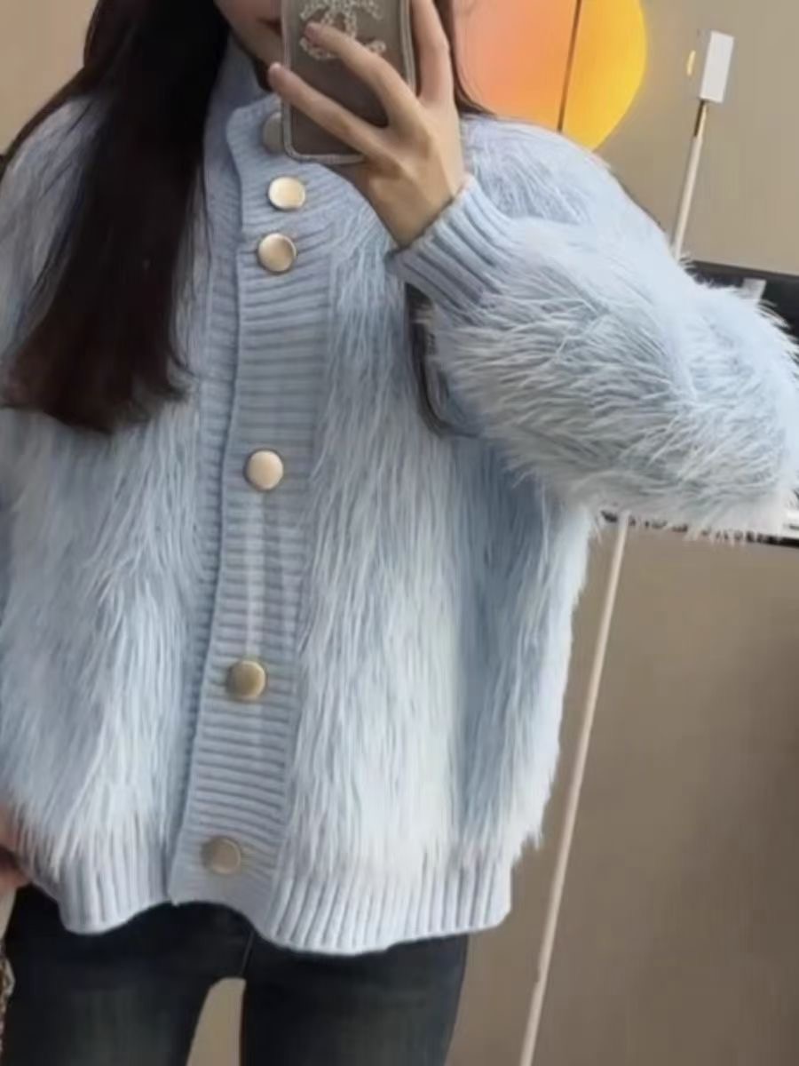 仿水貂絨高領毛衣開衫女秋冬2023新款高級感氣質寬鬆毛毛針織外套